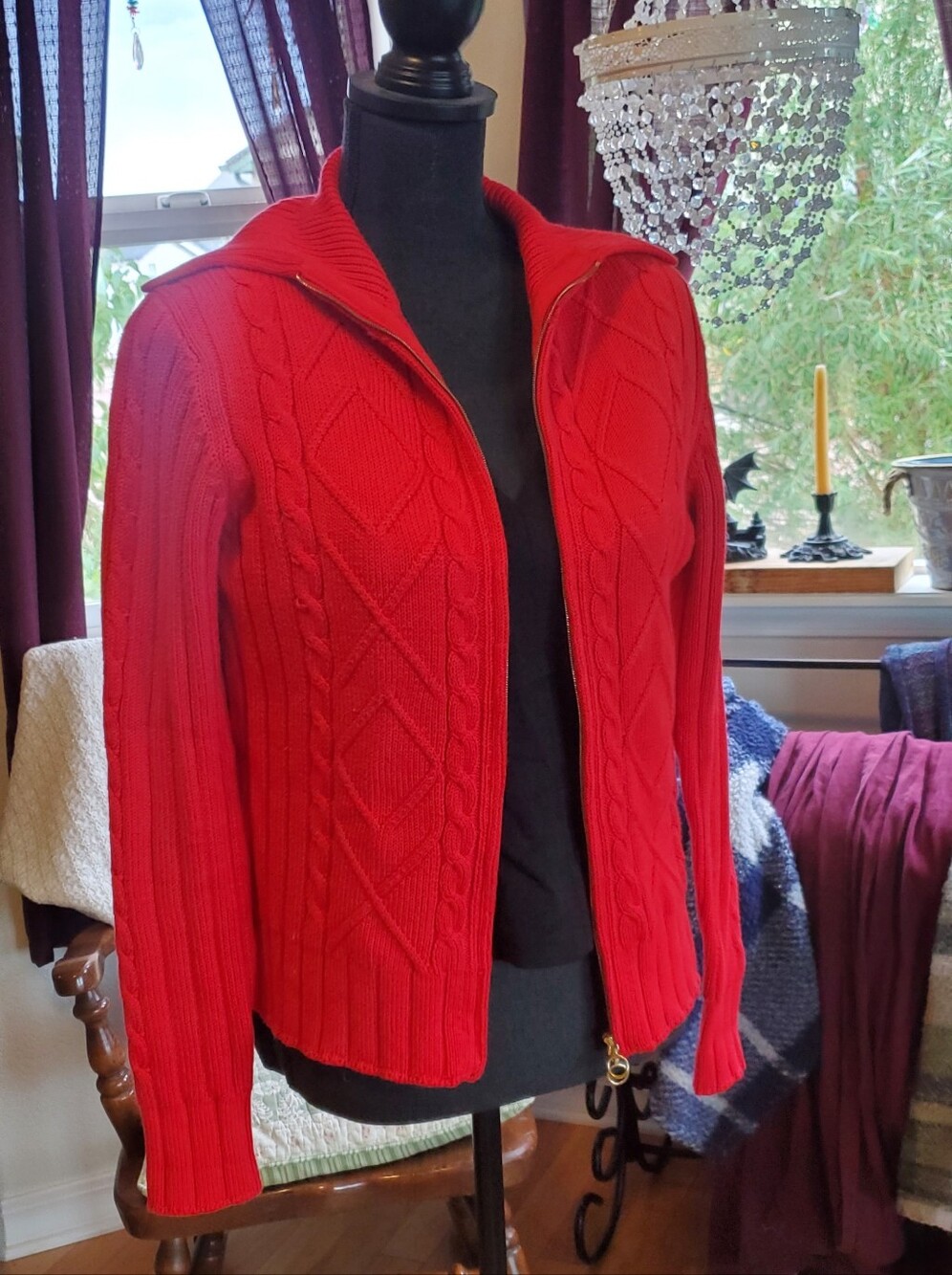Worth Red Cable-Knit Zip Cardigan